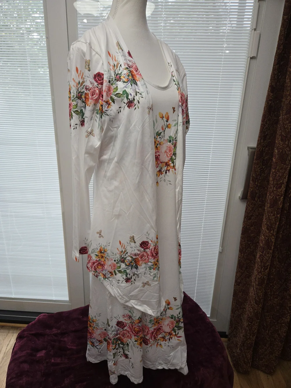 Floral White Long Jacket  & Maxi Dress Set - White Size Large 2 Piece